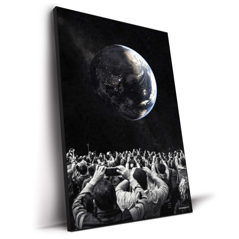 A group of people holding cameras in front of a colorful Earth, set against a black background, illustrating themes of connection and perspective.