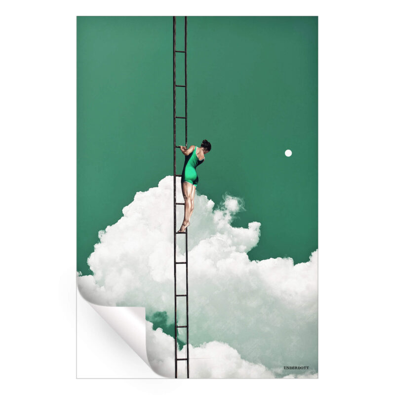 A surreal image of a woman in a swimsuit on a tall ladder descending into a cloud-filled sky, evoking a sense of dreamlike adventure.