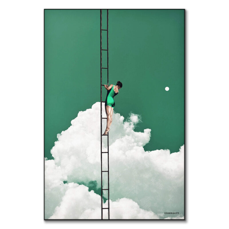 A surreal image of a woman in a swimsuit on a tall ladder descending into a cloud-filled sky, evoking a sense of dreamlike adventure.