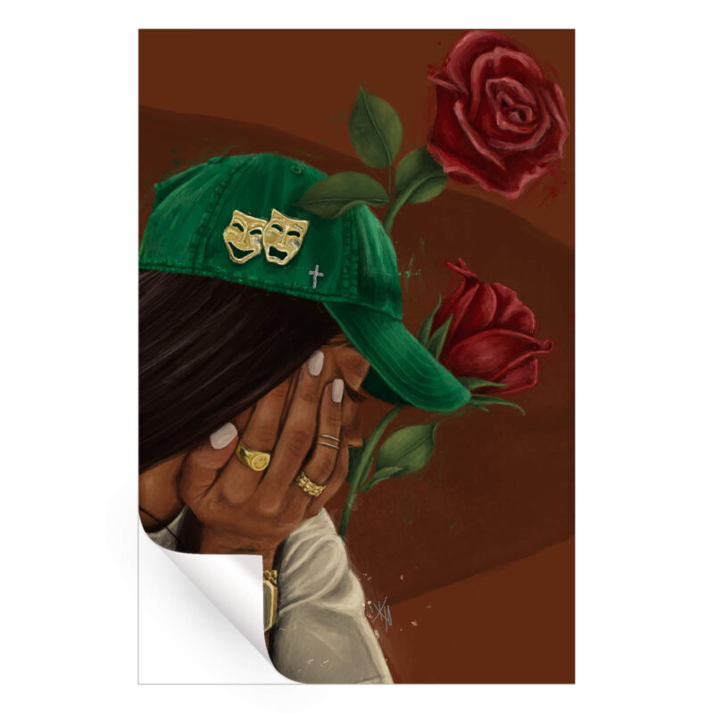 Young woman in a green hat with theatrical masks, covering her face with red roses in the background.