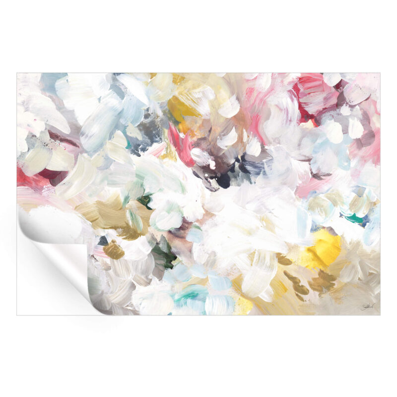 An abstract floral painting featuring a mix of colors and shapes, creating a vibrant and expressive artwork.