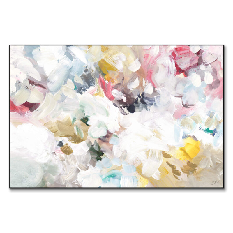 An abstract floral painting featuring a mix of colors and shapes, creating a vibrant and expressive artwork.