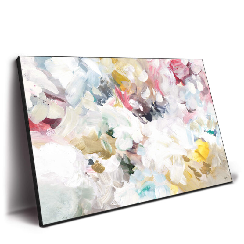 An abstract floral painting featuring a mix of colors and shapes, creating a vibrant and expressive artwork.