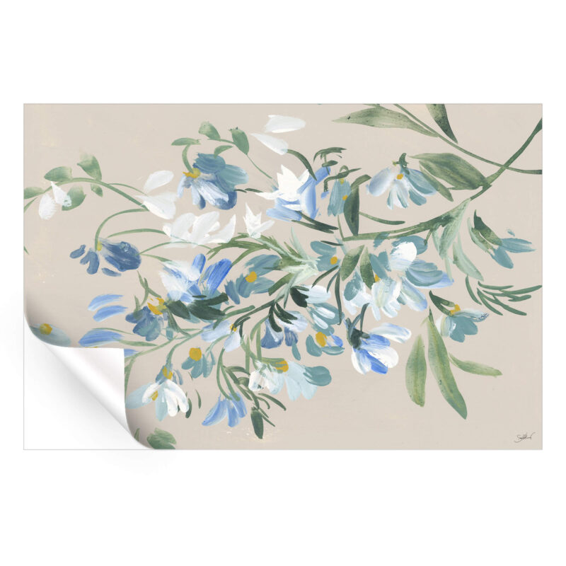 Blue and white floral watercolor painting on a tan background, featuring soft colors and delicate details.