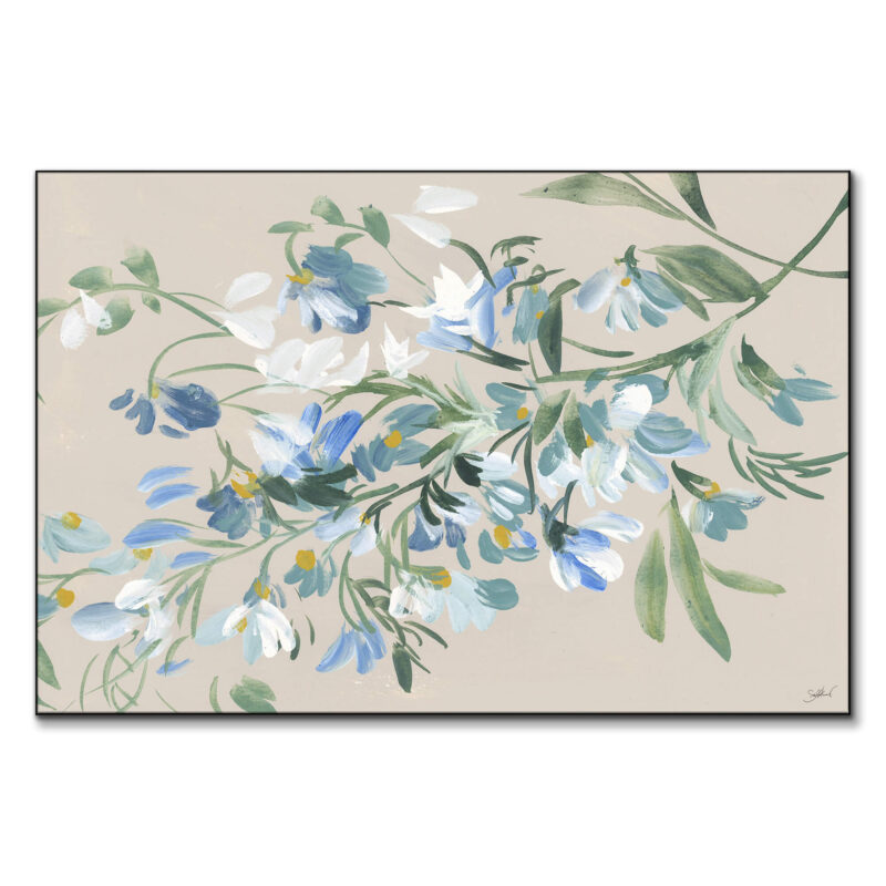 Blue and white floral watercolor painting on a tan background, featuring soft colors and delicate details.