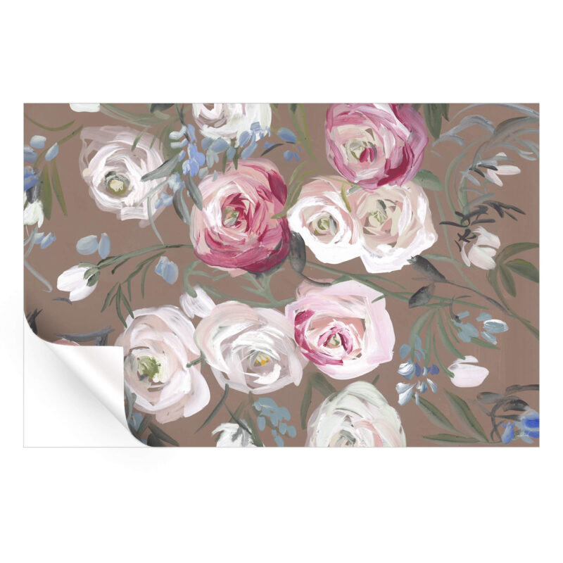 A painting of red and white roses on a tan background, featuring rich textures and expressive brushwork.