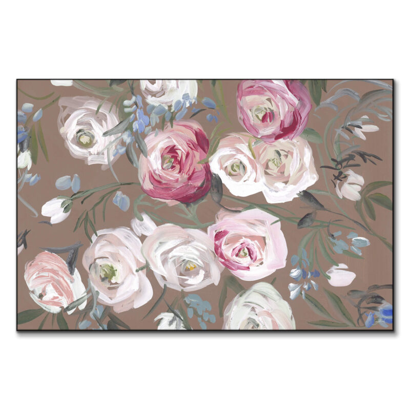 A painting of red and white roses on a tan background, featuring rich textures and expressive brushwork.