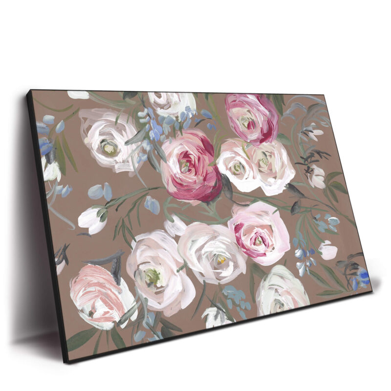 A painting of red and white roses on a tan background, featuring rich textures and expressive brushwork.