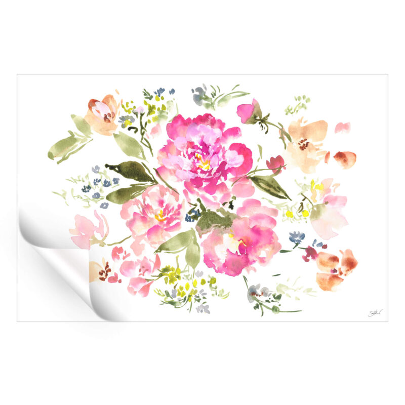 A watercolor painting of pink flowers on a tan background, showcasing a playful and vibrant floral arrangement.
