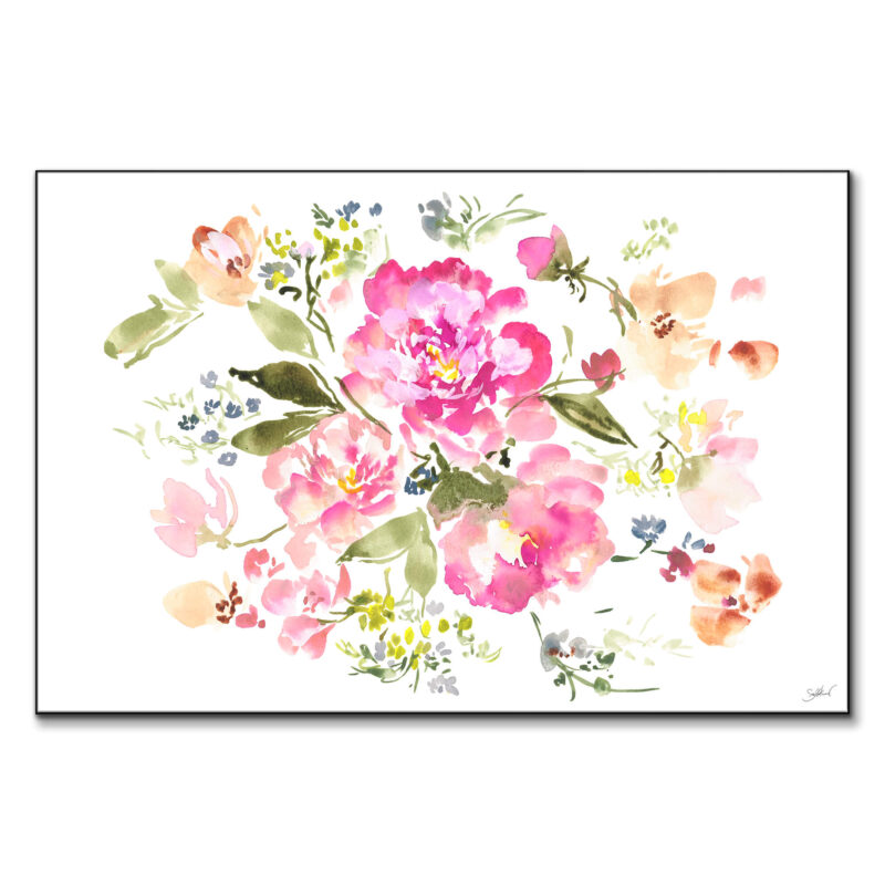A watercolor painting of pink flowers on a tan background, showcasing a playful and vibrant floral arrangement.