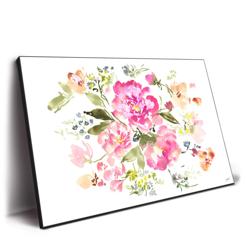 A watercolor painting of pink flowers on a tan background, showcasing a playful and vibrant floral arrangement.