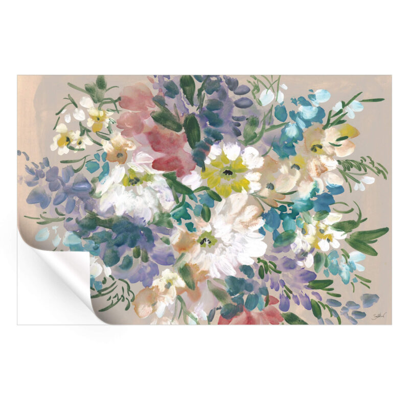 A colorful bouquet of flowers painted in watercolor on a tan background, featuring vibrant hues and delicate brushstrokes.