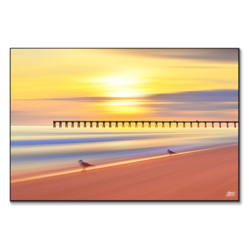A sunset over the beach with seagulls flying, capturing a tranquil coastal scene with vibrant colors.