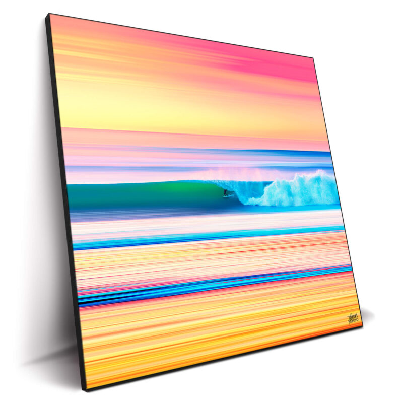 An abstract artwork of a surfer riding a wave, with vibrant colors and dynamic lines capturing the energy of the ocean.
