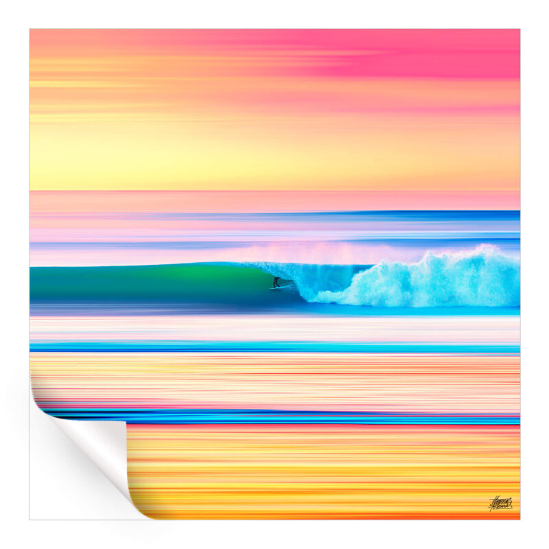 An abstract artwork of a surfer riding a wave, with vibrant colors and dynamic lines capturing the energy of the ocean.