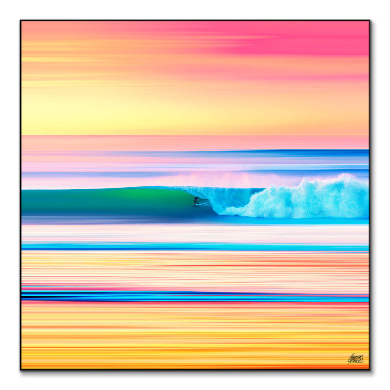 An abstract artwork of a surfer riding a wave, with vibrant colors and dynamic lines capturing the energy of the ocean.