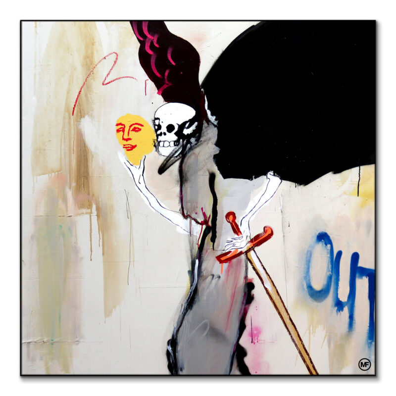 A skeleton with a mask and sword in an artistic style, set against an abstract background.