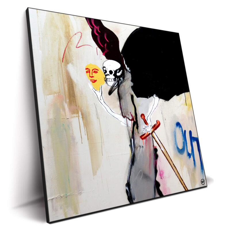 A skeleton with a mask and sword in an artistic style, set against an abstract background.