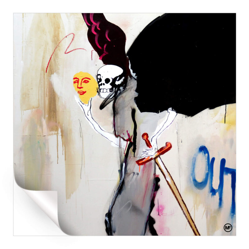 A skeleton with a mask and sword in an artistic style, set against an abstract background.