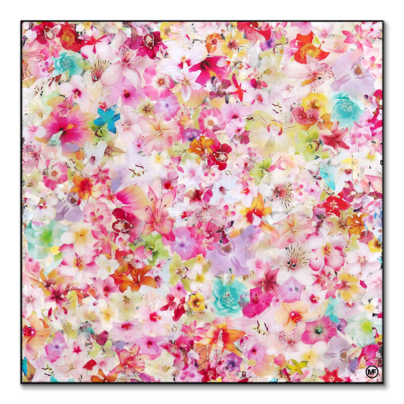A colorful collage of pink and pastel flowers, creating a lively and fresh artistic composition.