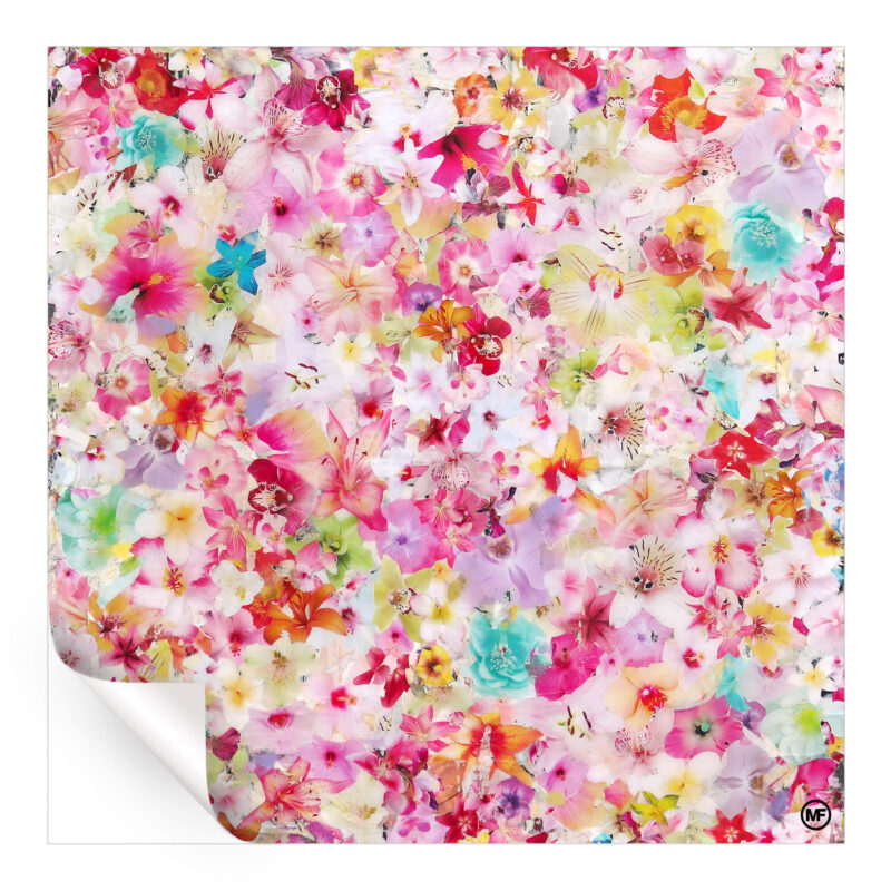 A colorful collage of pink and pastel flowers, creating a lively and fresh artistic composition.