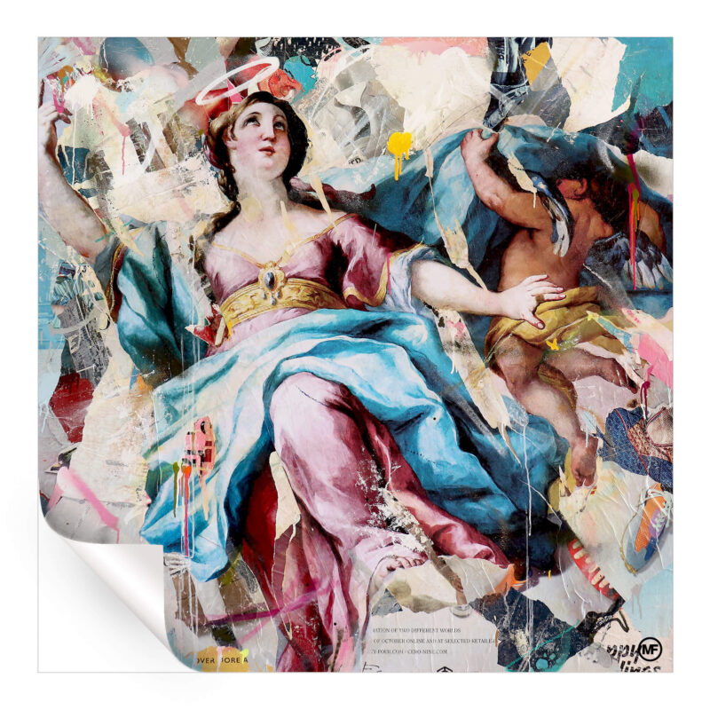 An angelic figure from a classical painting, reimagined with bright colors and abstract textures.