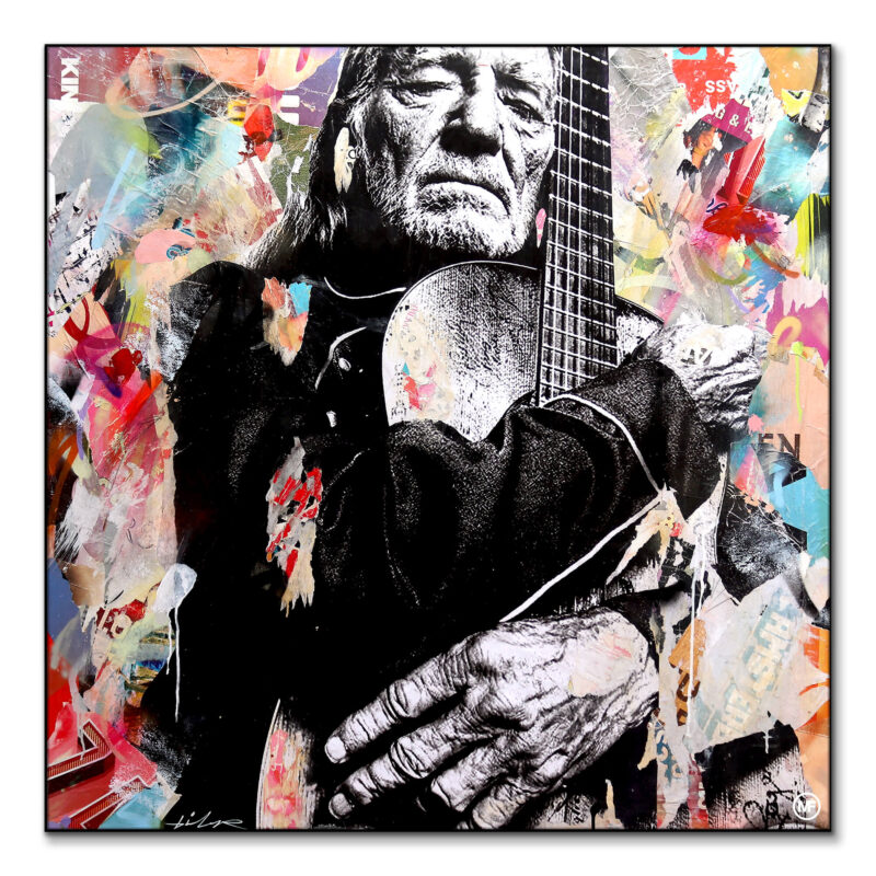 Willie Nelson with a guitar in a mixed media style, surrounded by bright colors and textures.