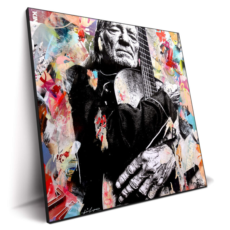Willie Nelson with a guitar in a mixed media style, surrounded by bright colors and textures.