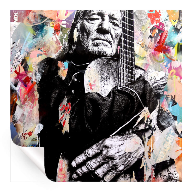 Willie Nelson with a guitar in a mixed media style, surrounded by bright colors and textures.