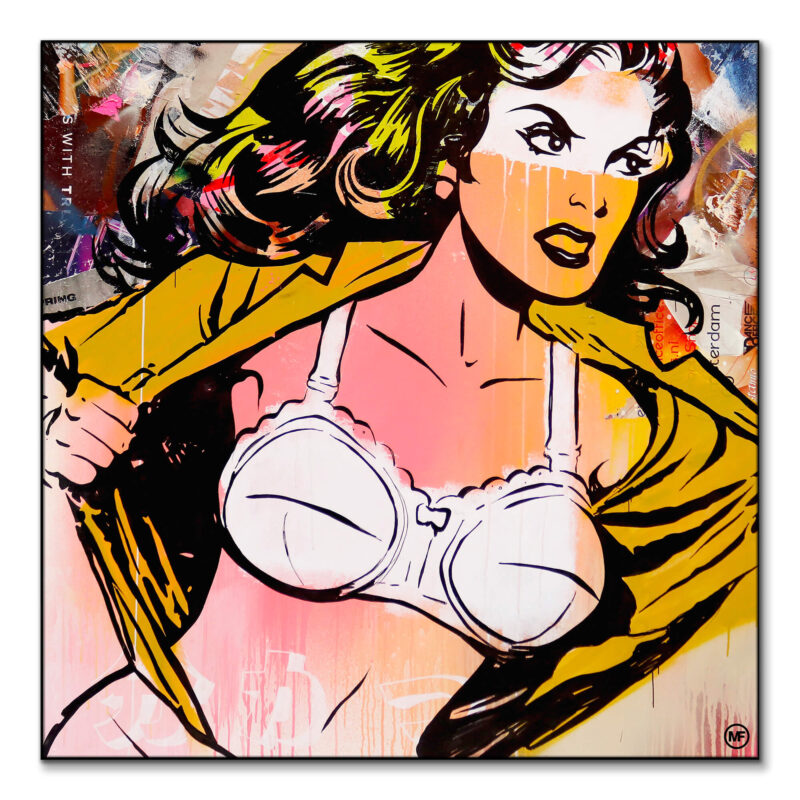 A woman depicted with an open shirt and vibrant graffiti background, highlighting a mix of urban art styles.