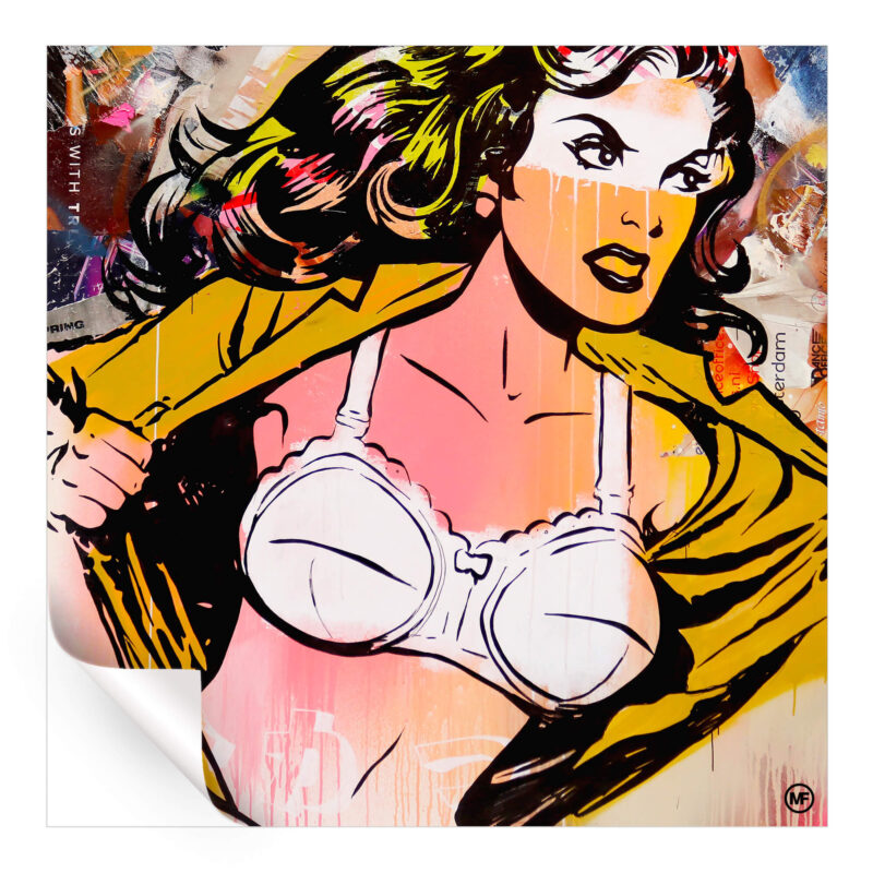 A woman depicted with an open shirt and vibrant graffiti background, highlighting a mix of urban art styles.