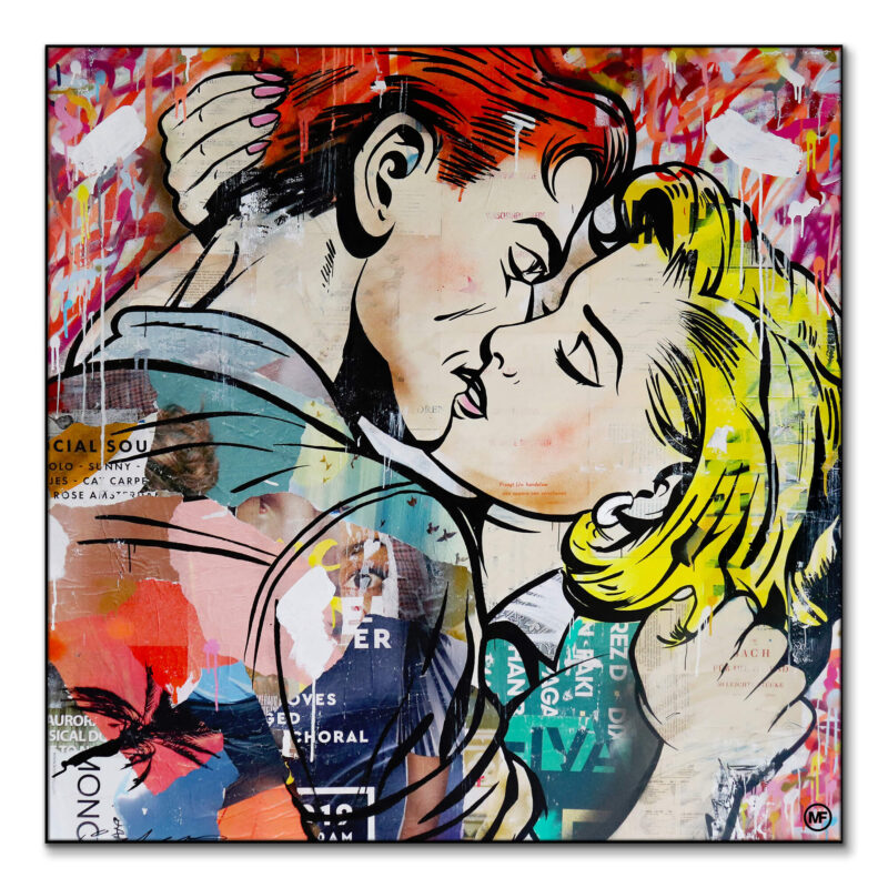 A couple kissing in a comic art style, with bright colors and abstract elements surrounding them.