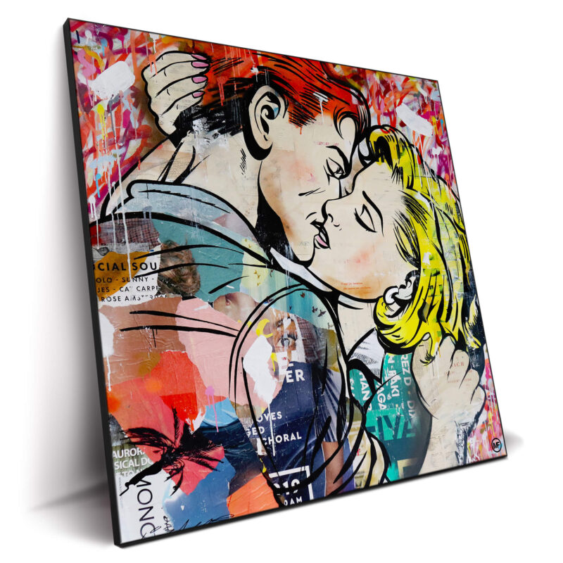 A couple kissing in a comic art style, with bright colors and abstract elements surrounding them.