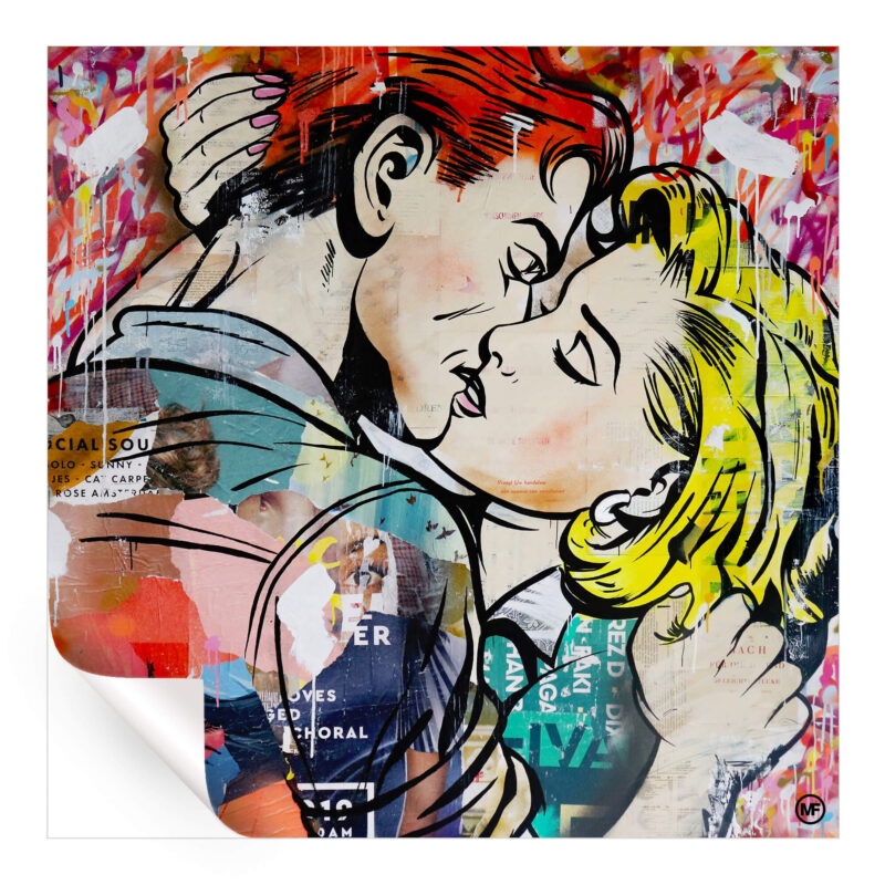 A couple kissing in a comic art style, with bright colors and abstract elements surrounding them.