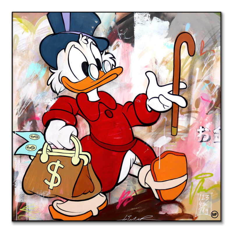 Scrooge McDuck in a cartoon style, holding a money bag and cane, set against a vibrant abstract background.