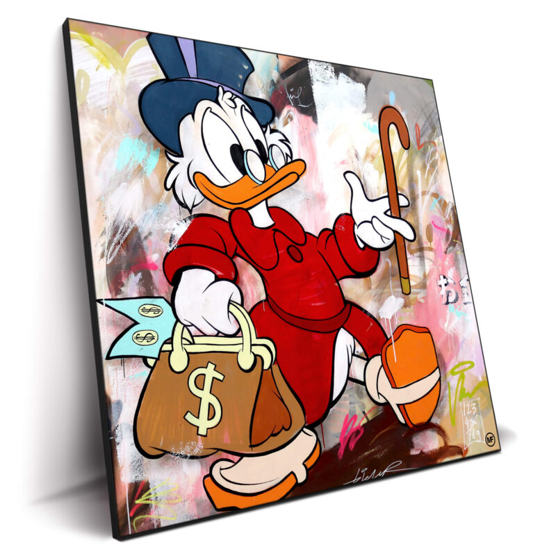 Scrooge McDuck in a cartoon style, holding a money bag and cane, set against a vibrant abstract background.