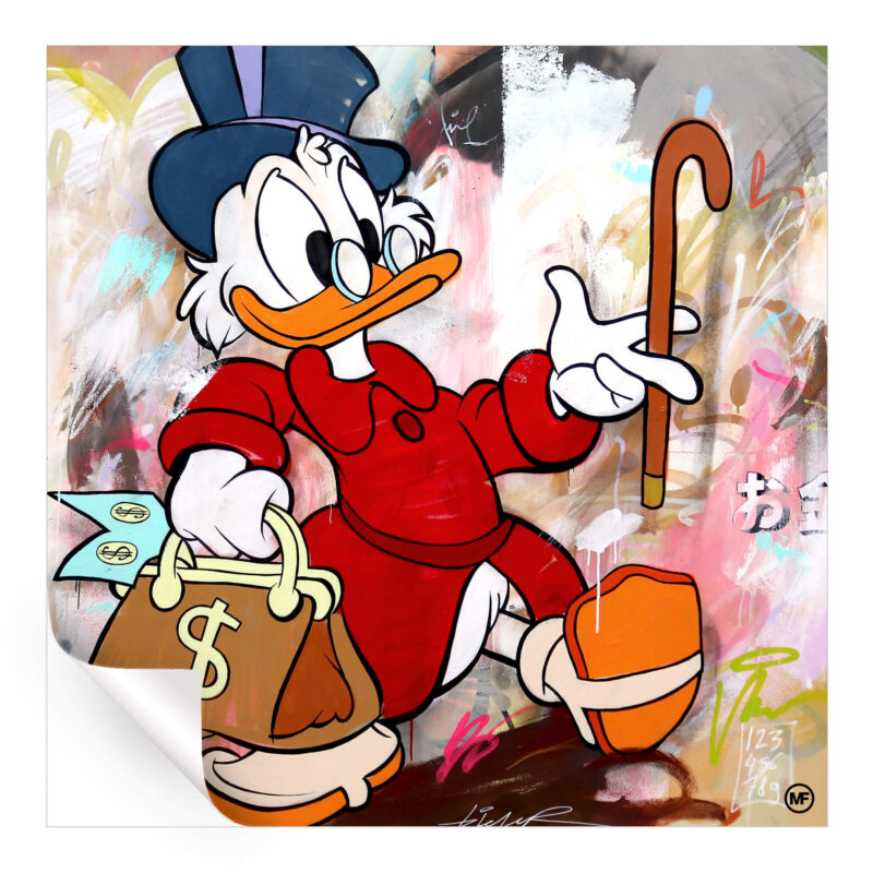 Scrooge McDuck in a cartoon style, holding a money bag and cane, set against a vibrant abstract background.