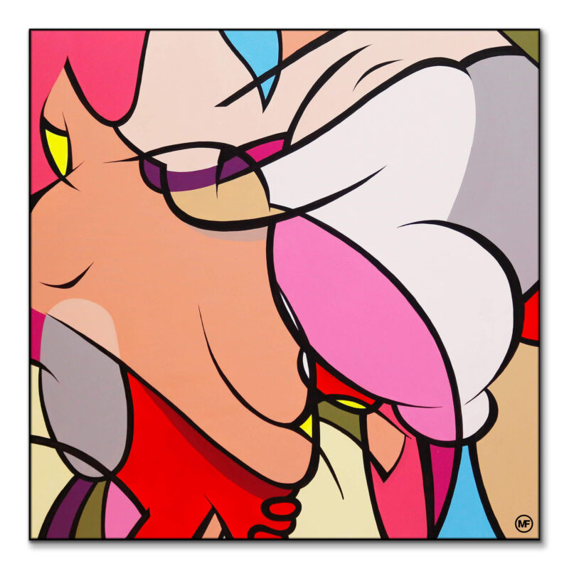 An abstract cartoon illustration with colorful characters and shapes, creating a dynamic and playful composition.