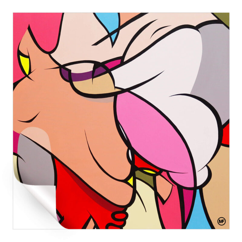 An abstract cartoon illustration with colorful characters and shapes, creating a dynamic and playful composition.