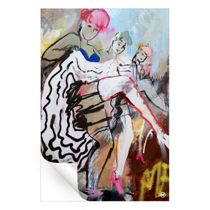 Abstract painting of women dancing in vibrant colors and dynamic forms, creating a lively composition.