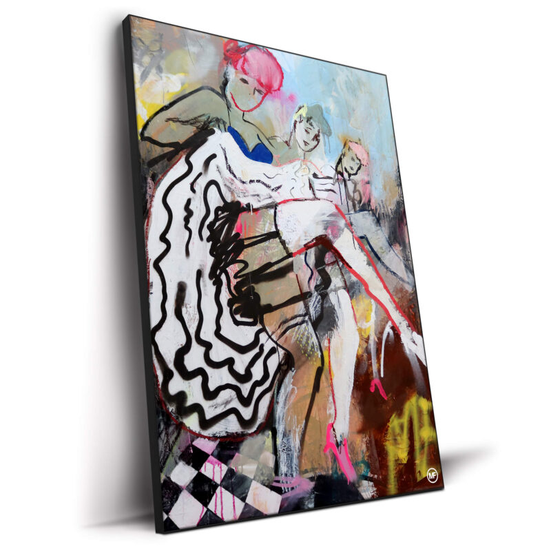 Abstract painting of women dancing in vibrant colors and dynamic forms, creating a lively composition.