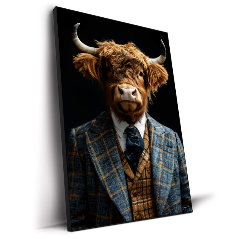 A Highland cow in a plaid suit and tie, with large horns and a distinctive furry face, set against a black background.