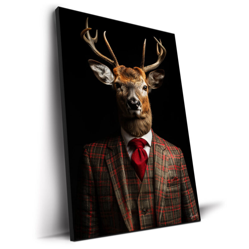 A deer in a plaid suit and red tie, with antlers visible, set against a black background.