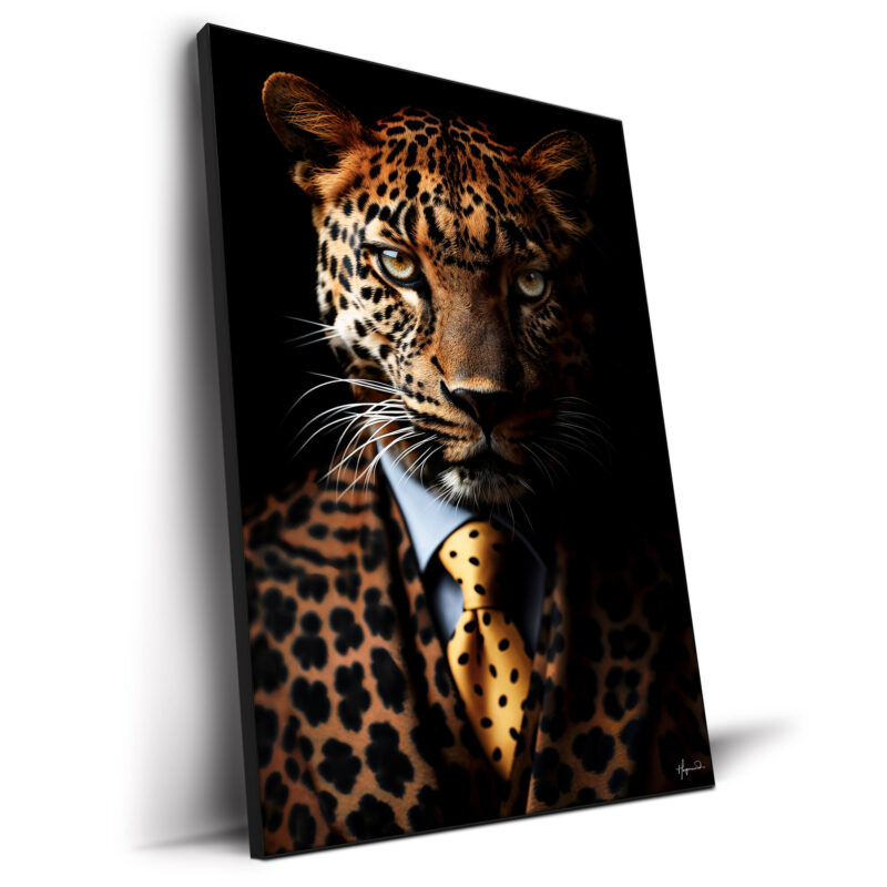 A leopard in a patterned suit and polka dot tie, with its distinctive fur and intense eyes, set against a black background.