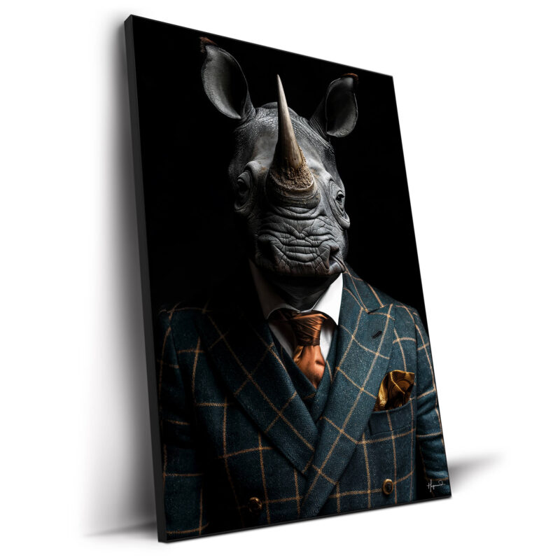 A rhinoceros in a plaid suit and orange tie, with its distinctive horn and ears visible, set against a black background.