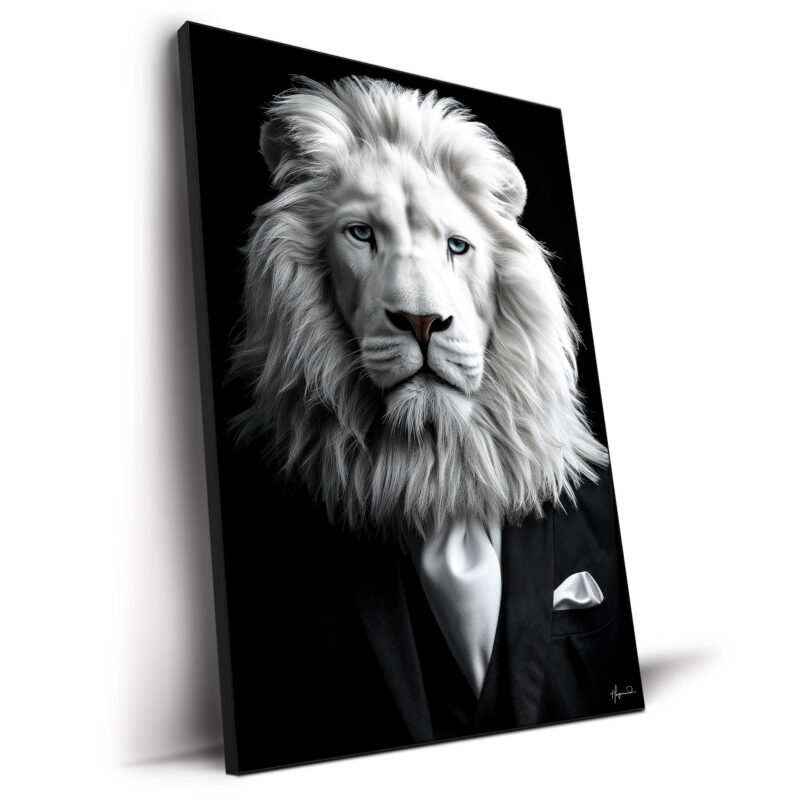 A white lion in a black suit and white tie with blue eyes, set against a black background.