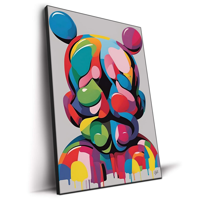 Abstract artwork of Mickey Mouse featuring colorful shapes and playful design.