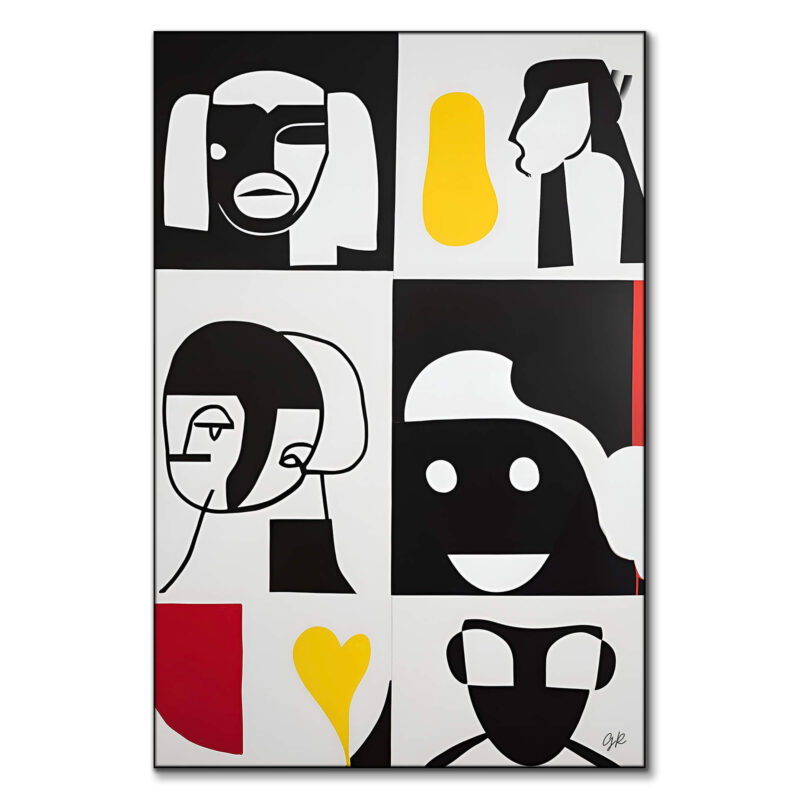 Black and white abstract face artwork with simplistic lines and contrasting shades