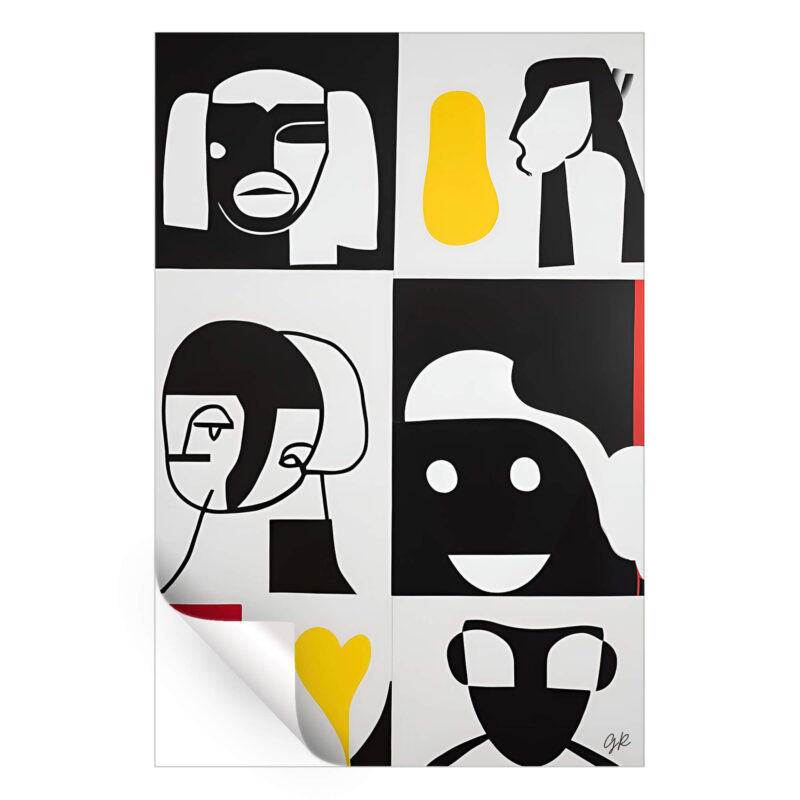 Black and white abstract face artwork with simplistic lines and contrasting shades