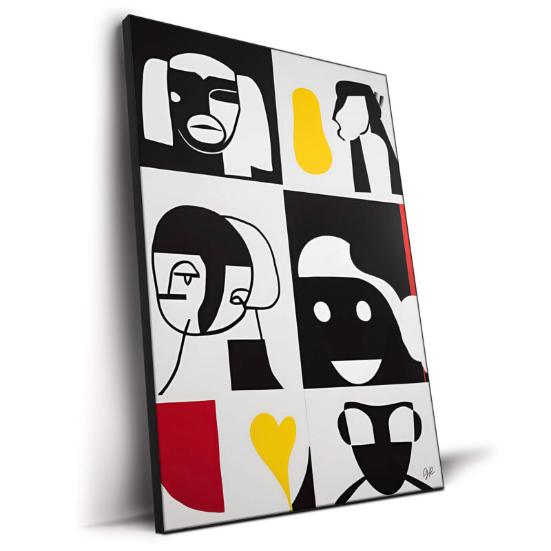 Black and white abstract face artwork with simplistic lines and contrasting shades